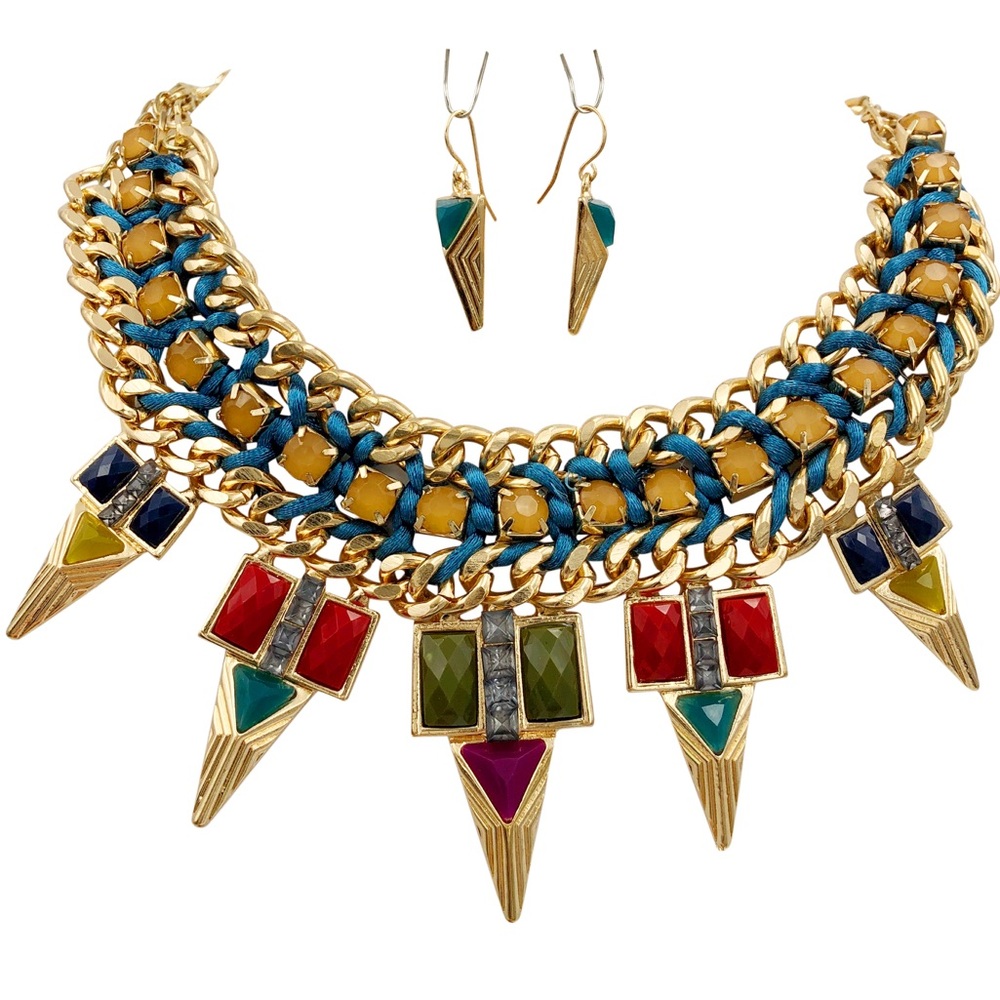 Chunky Jewel Tone Spike Flair Necklace Earring Set